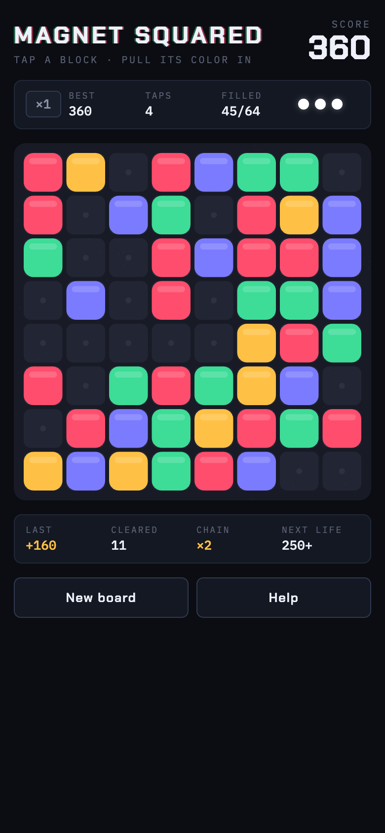 The board mid-game after a two-deep chain scored 160 points