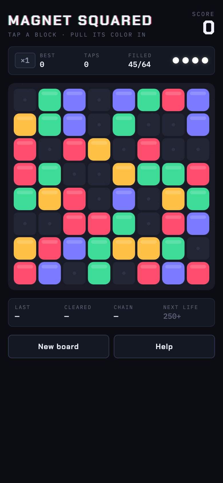 A fresh 8 by 8 board of rose, mint, amber and periwinkle blocks